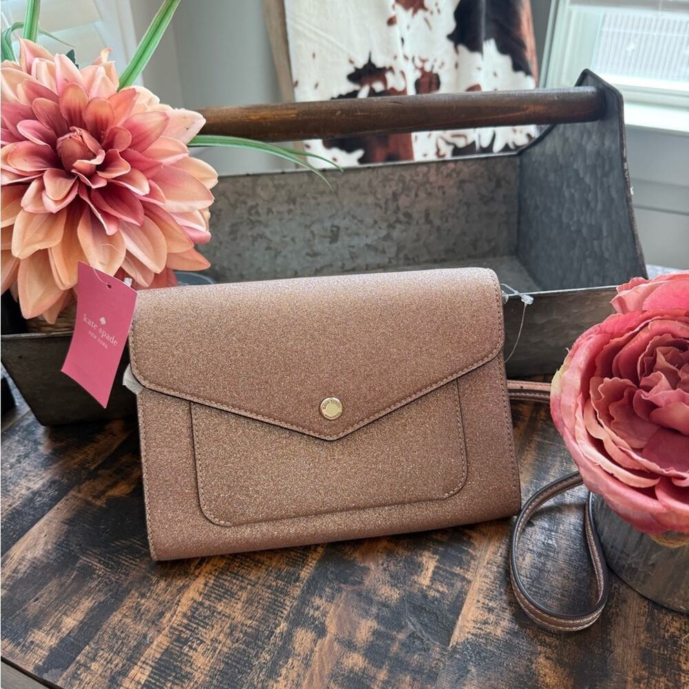 KATE SPADE Rosegold Glitter Fabric Flap Crossbody